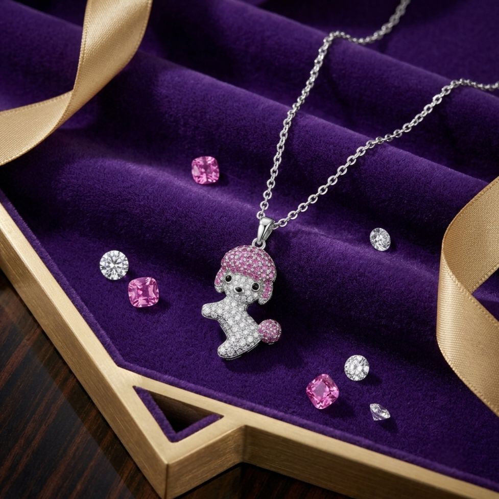 A silver pendant necklace with a poodle-shaped charm encrusted with pink and clear stones, displayed on a purple velvet jewelry box with gold ribbon accents and loose accent stones.