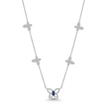 A silver-toned necklace featuring five diamond-paved butterfly motifs along the chain, with a larger butterfly pendant at the center set with a round blue gemstone, shown on a plain white background.