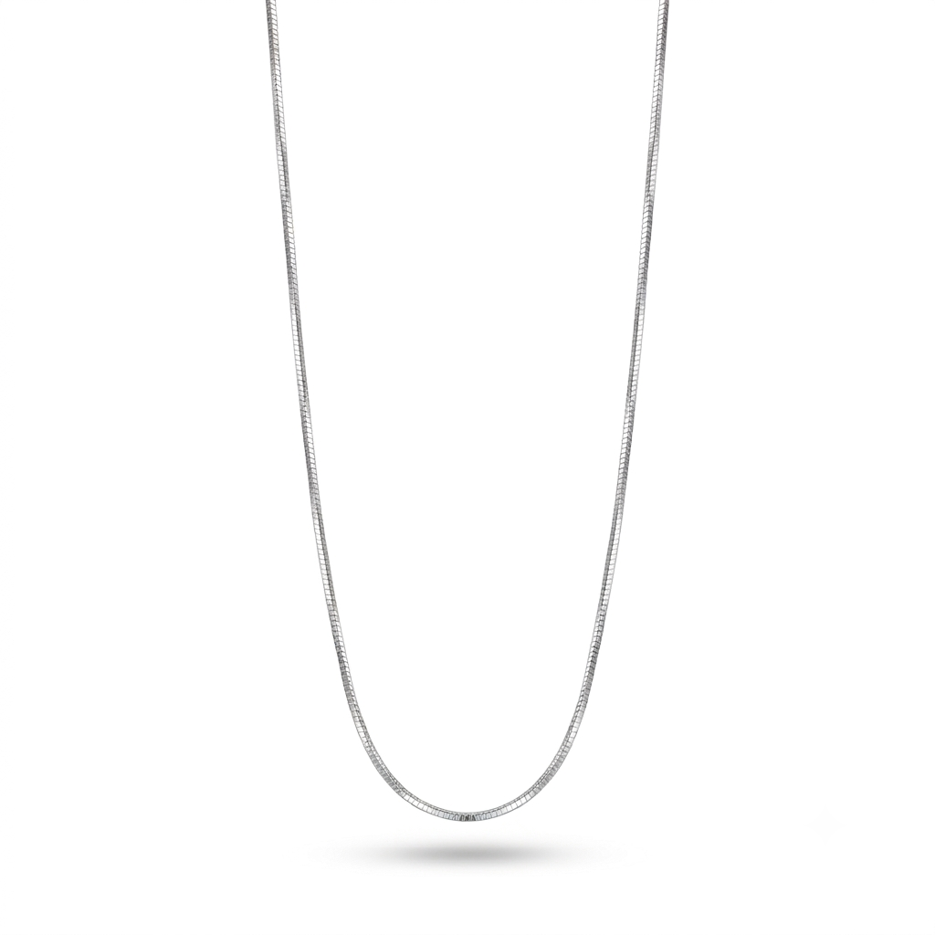 A silver snake chain necklace shown hanging in a U-shape against a plain white background.