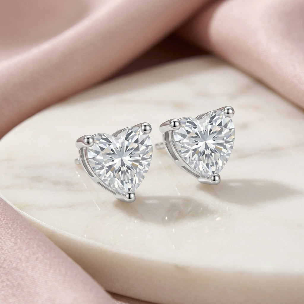 Silver Heart Cut Solitaire 925 Sterling Silver Studs
