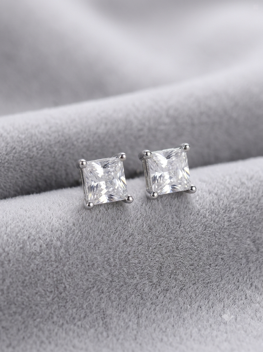 A pair of princess-cut clear gemstone stud earrings in a silver setting, displayed on a textured gray velvet surface.