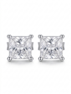 A pair of princess-cut diamond stud earrings in a silver four-prong setting, displayed on a clean white background.