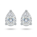A pair of pear-cut diamond stud earrings in a three-prong silver setting, displayed on a clean white background with soft drop shadows.