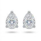 A pair of pear-cut diamond stud earrings in a three-prong silver setting, displayed on a clean white background with soft drop shadows.