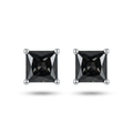 A pair of princess-cut black gemstone stud earrings in silver four-prong settings, shown on a clean white background with soft drop shadows.