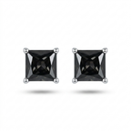 A pair of princess-cut black gemstone stud earrings in silver four-prong settings, shown on a clean white background with soft drop shadows.