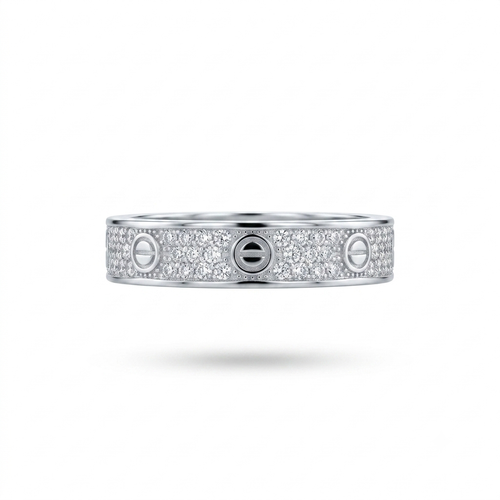 A silver-toned ring featuring three screw-head motifs surrounded by pavé-set clear stones, shown against a plain white background with a soft shadow underneath.