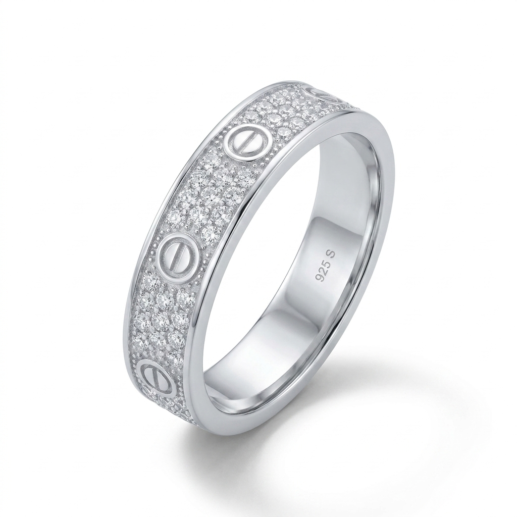 A silver-toned ring band featuring a pavé diamond center channel and three screw-head motifs, shown on a clean white background.