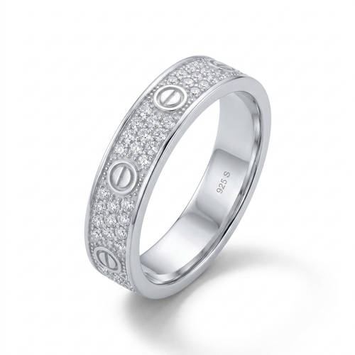 A silver-toned ring band featuring a pavé diamond center channel and three screw-head motifs, shown on a clean white background.
