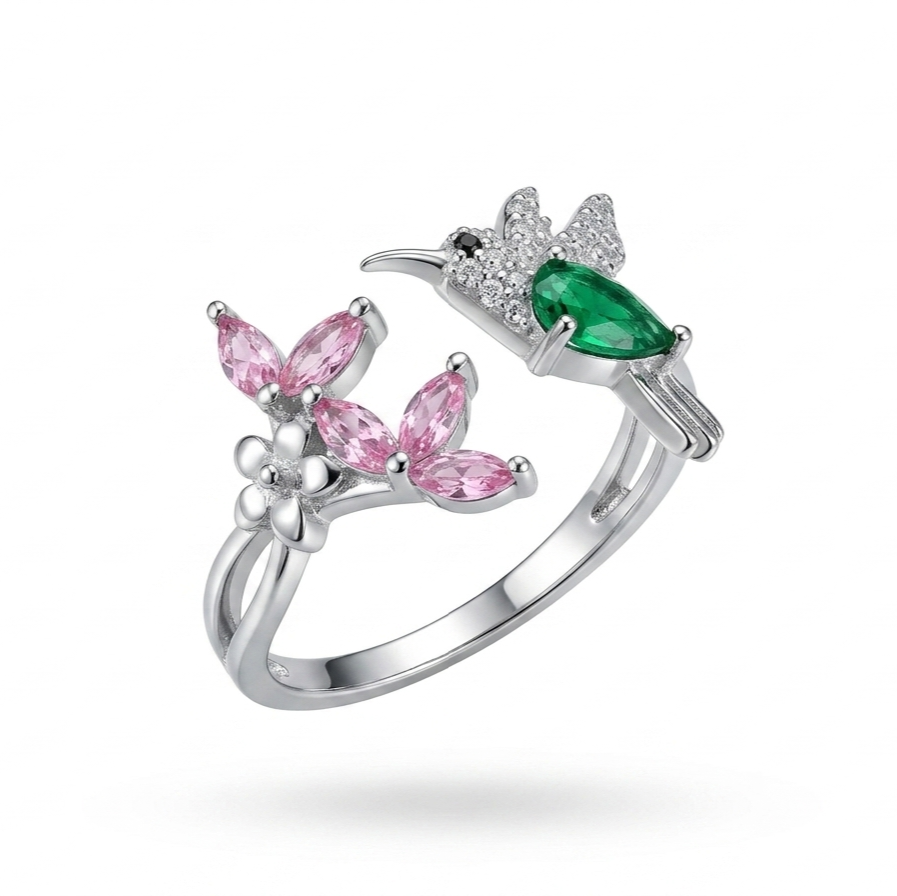 925 Sterling Silver Evangeline Hummingbird Adjustable Ring