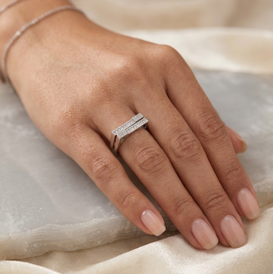925 Sterling Silver Baguette Stones Adjustable Ring
