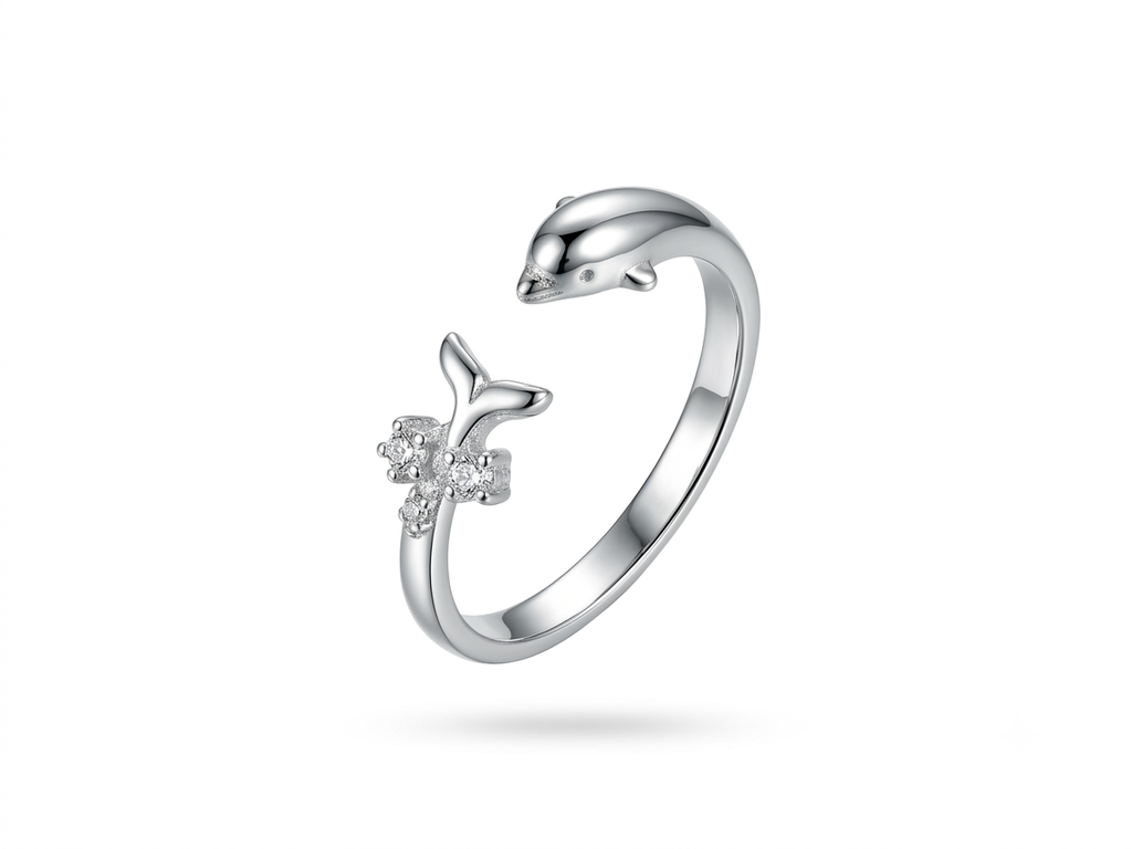 925 Sterling Silver Dolphin Adjustable Open Ring