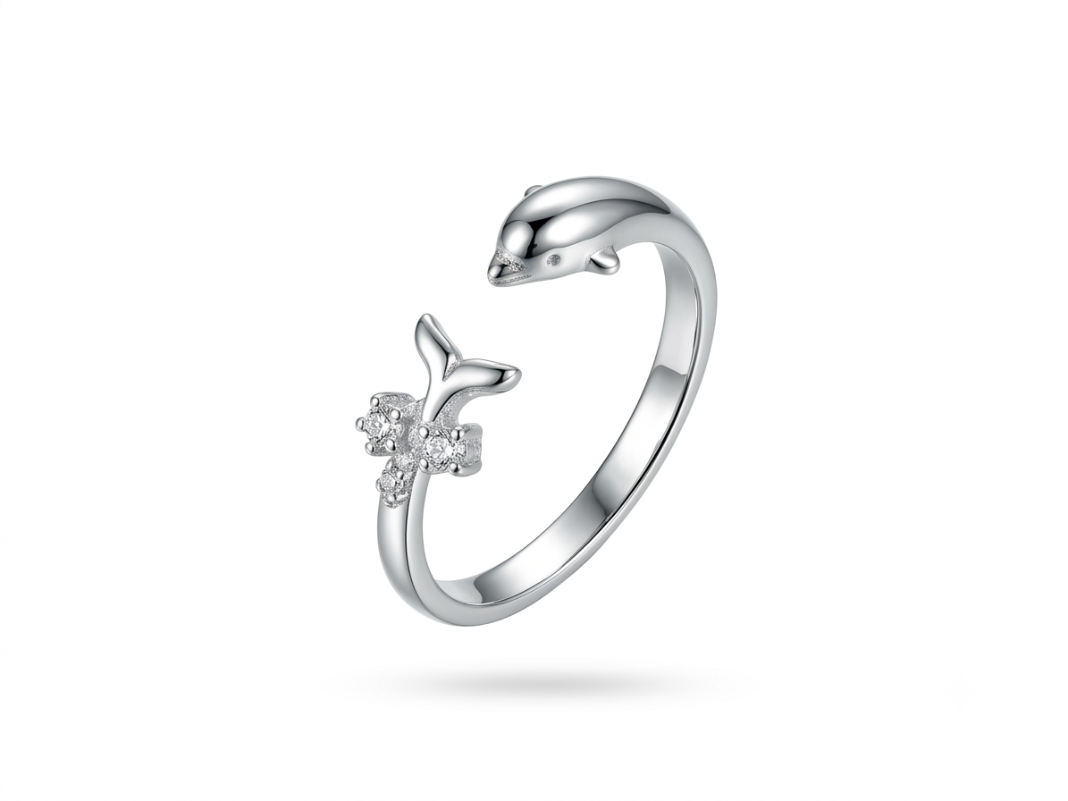 925 Sterling Silver Dolphin Adjustable Open Ring