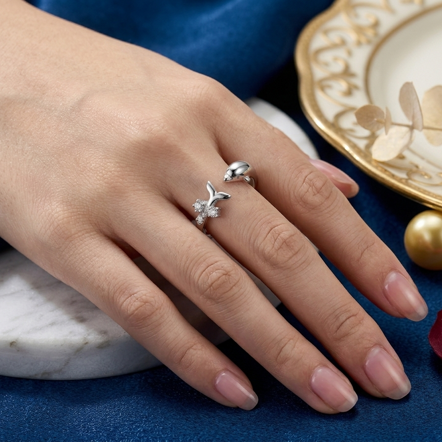 925 Sterling Silver Dolphin Adjustable Open Ring