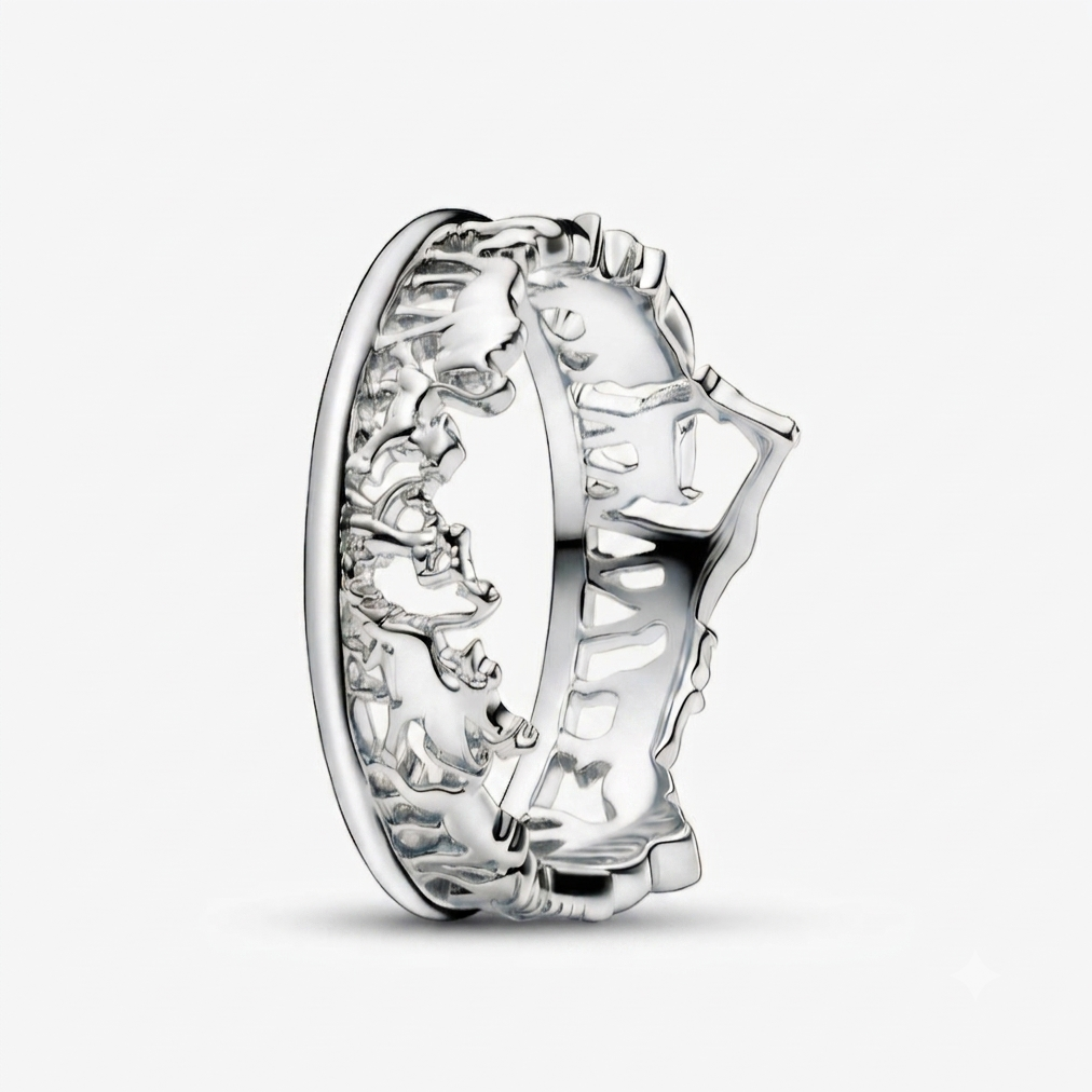 A sterling silver ring featuring an intricate relief design of a classical bust on the band, shown from a side profile against a light gray background.