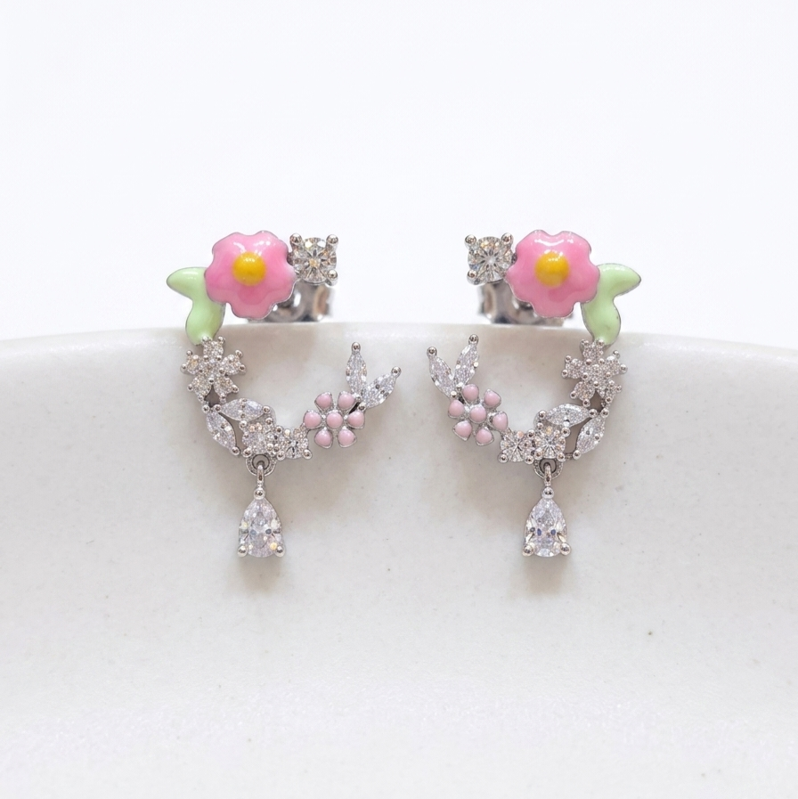 925 Sterling Silver Pink Blossom Leaf Dangles