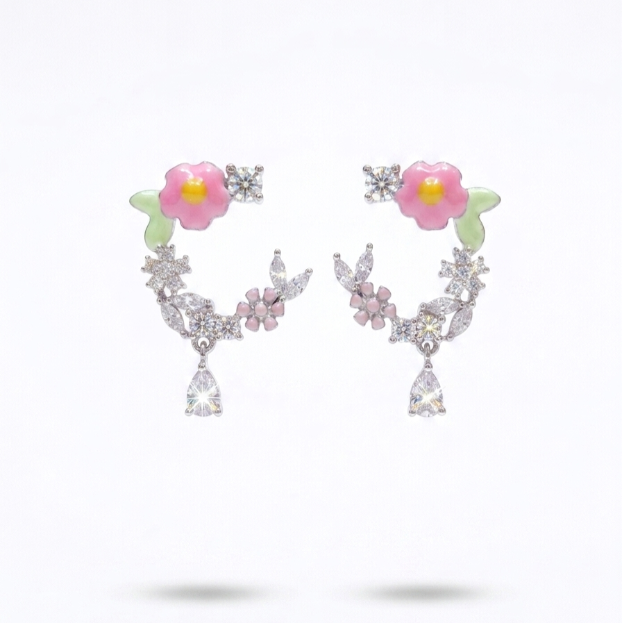 925 Sterling Silver Pink Blossom Leaf Dangles