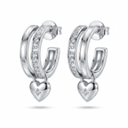 925 Sterling Silver Double Hoop Heart Drop Huggies