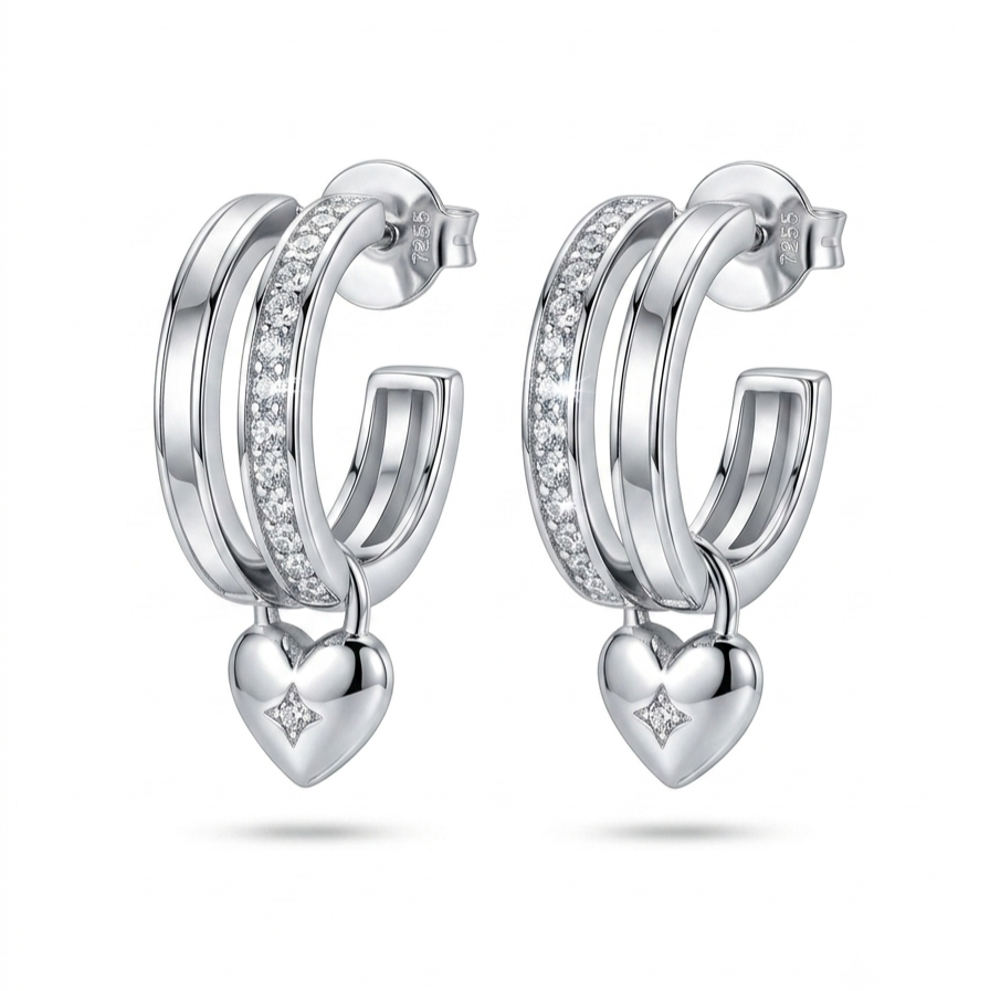 925 Sterling Silver Double Hoop Heart Drop Huggies