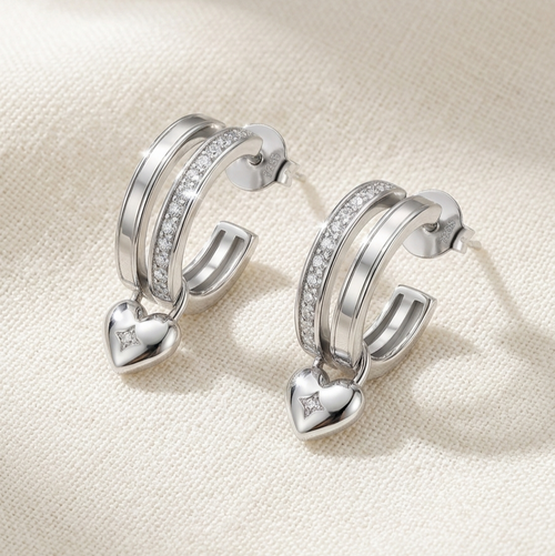 925 Sterling Silver Double Hoop Heart Drop Huggies