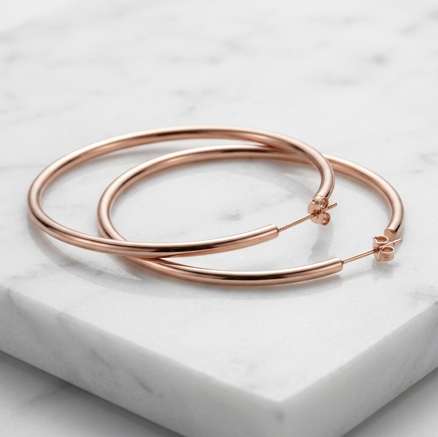Minimalist Thin Large Rose Gold Hoops 925 Sterling Silver Hoops