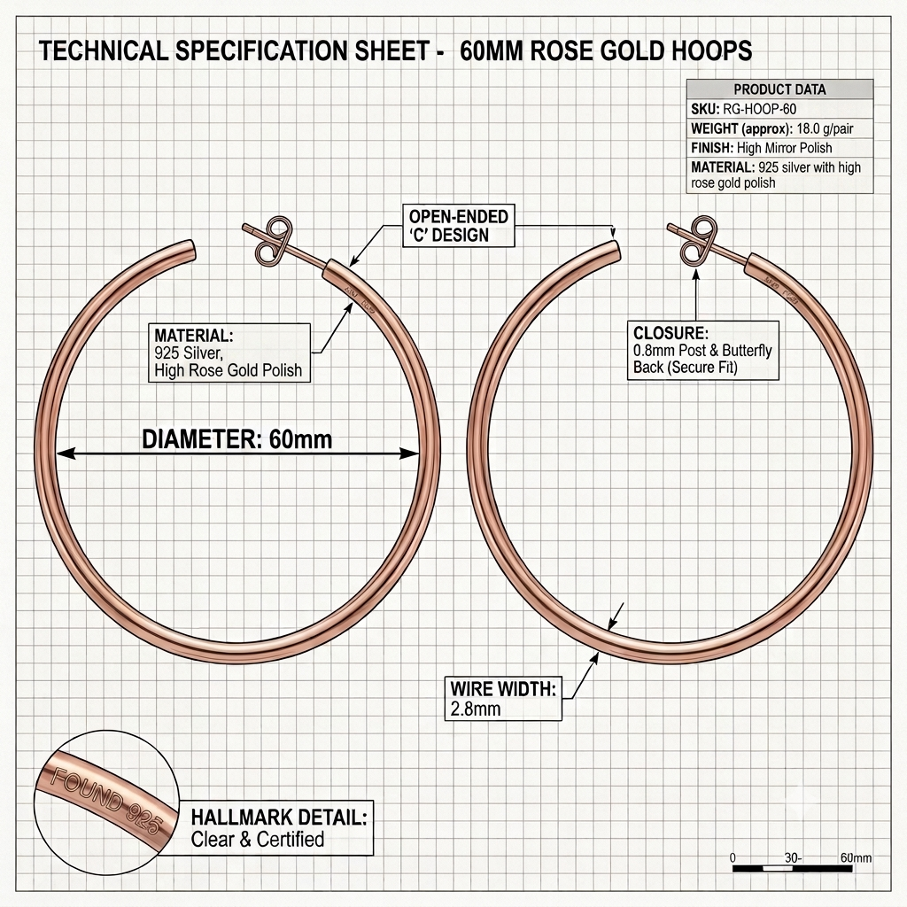 Minimalist Thin Large Rose Gold Hoops 925 Sterling Silver Hoops