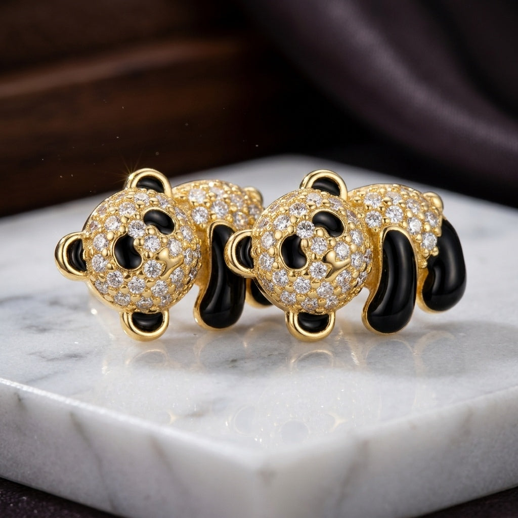 Gold Plated Crystal Panda 925 Sterling Silver Studs