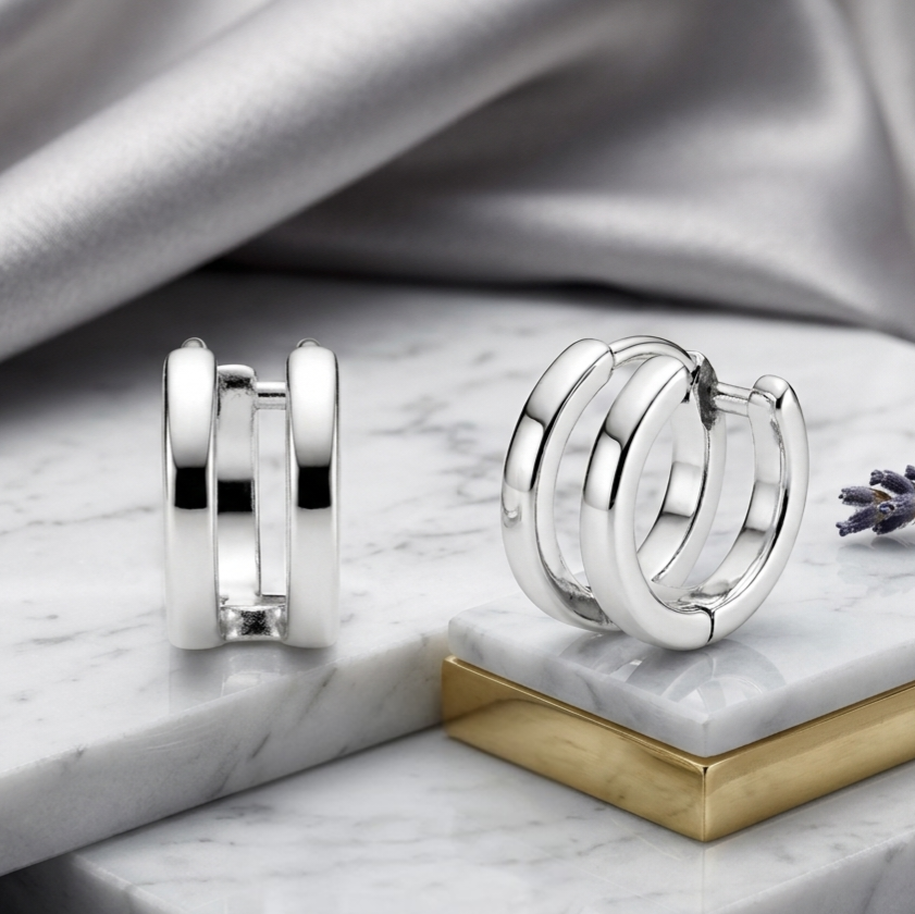 Minimalist Silver Double Hoop Illusion 925 Sterling Silver Earrings