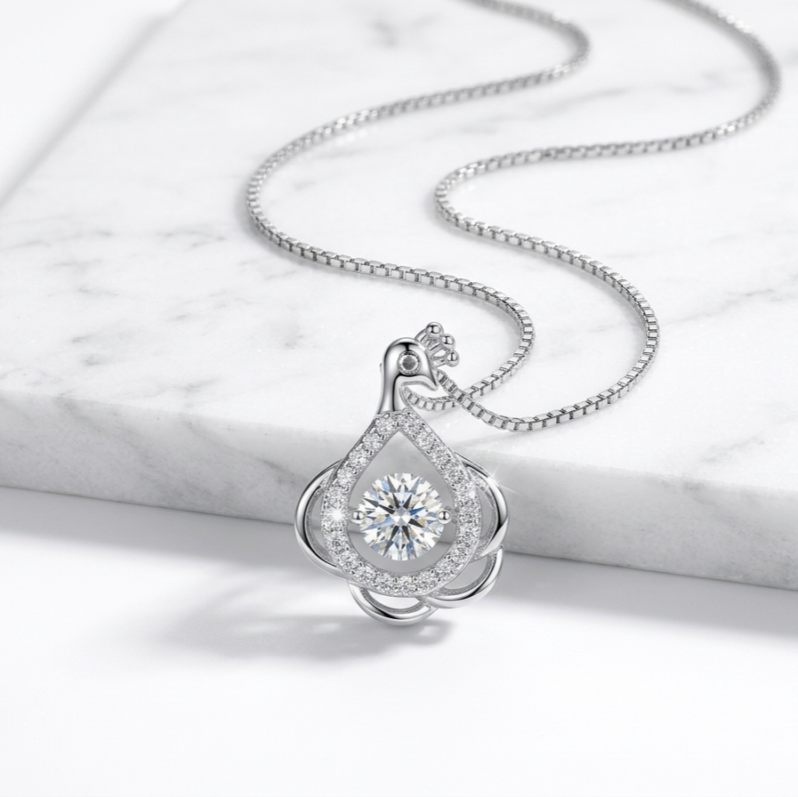 Peacock Dancing Crystal 925 Silver Chain Pendant