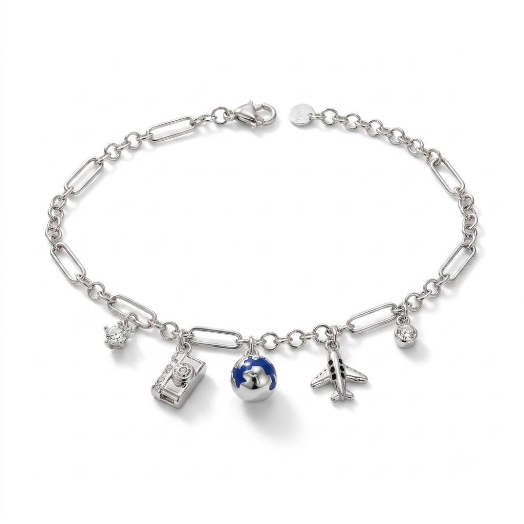 Wanderlust charm 925 Sterling Silver Chain Bracelet