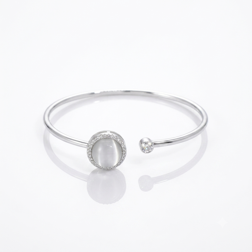 Moonstone Halo Open Cuff 925 Sterling Silver Bangle