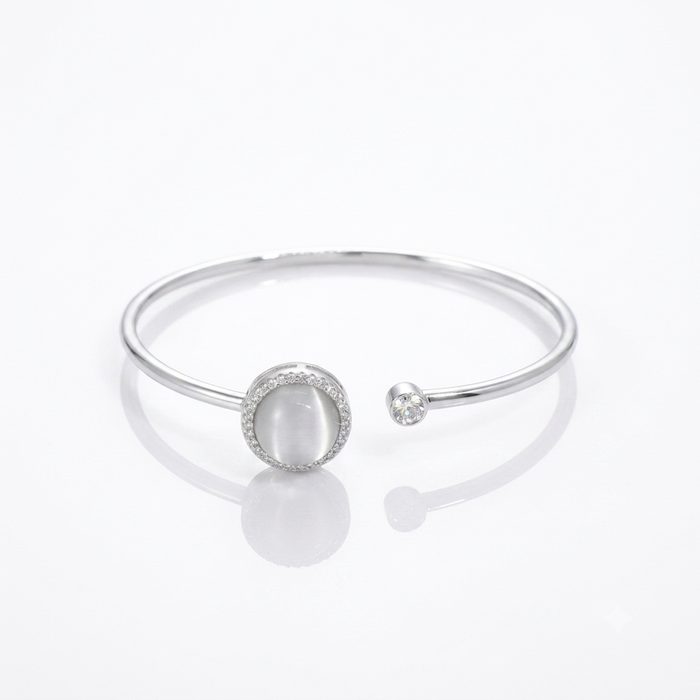 Moonstone Halo Open Cuff 925 Sterling Silver Bangle