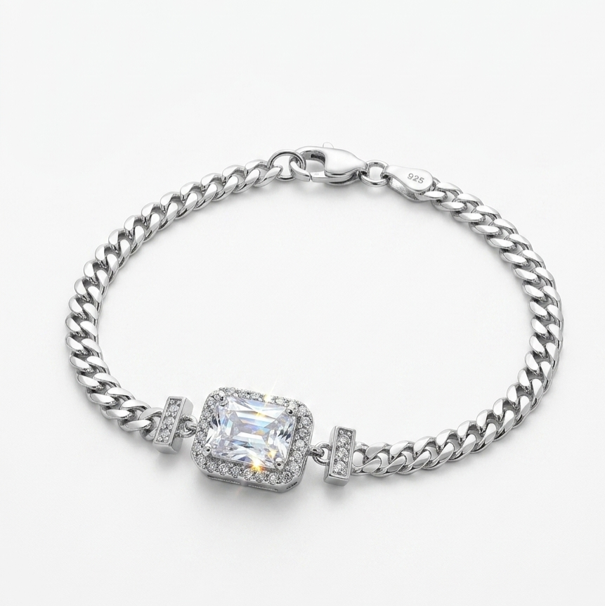 Statement Square Halo Curb 925 Sterling Silver Bracelet