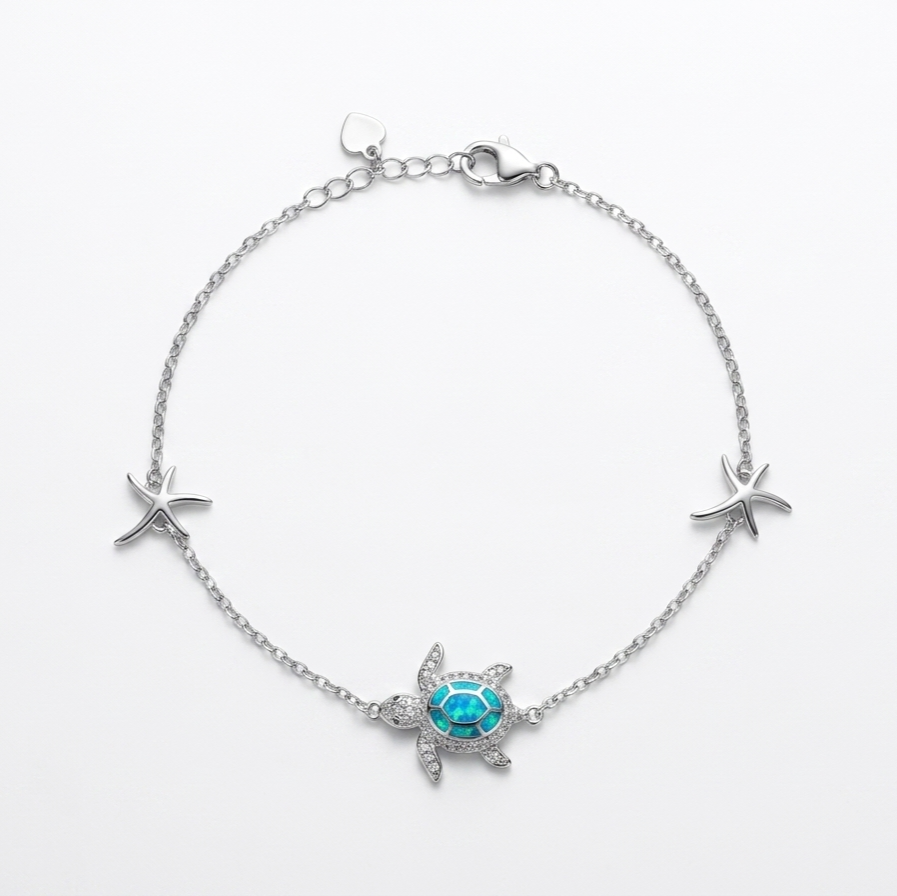 Blue Opal Sea Turtle & Starfish 925 Sterling Silver Bracelet