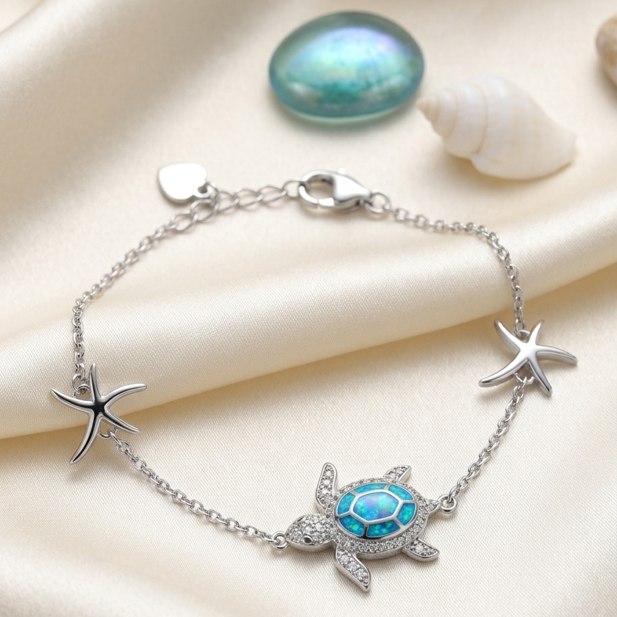 Blue Opal Sea Turtle & Starfish 925 Sterling Silver Bracelet