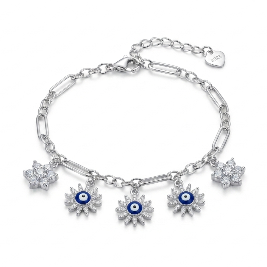 Evil Eye & Crystal Sunburst 925 Sterling Silver Bracelet