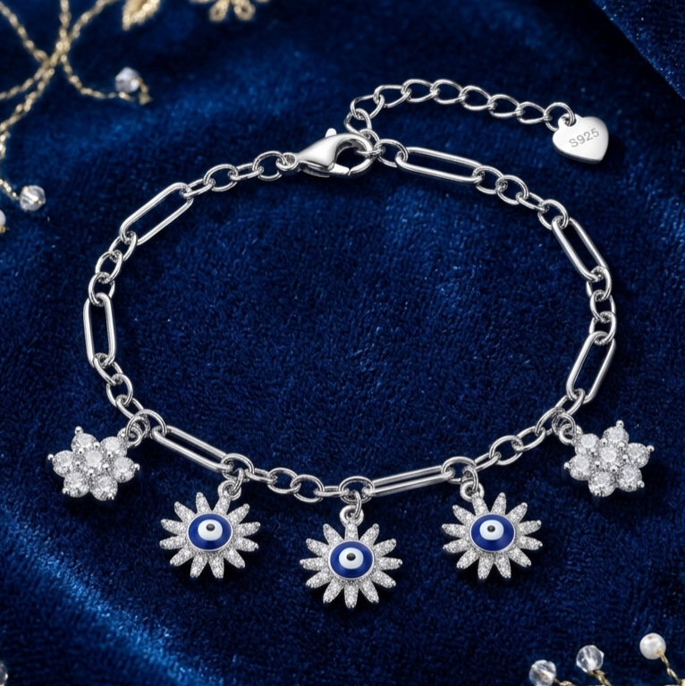 Evil Eye & Crystal Sunburst 925 Sterling Silver Bracelet