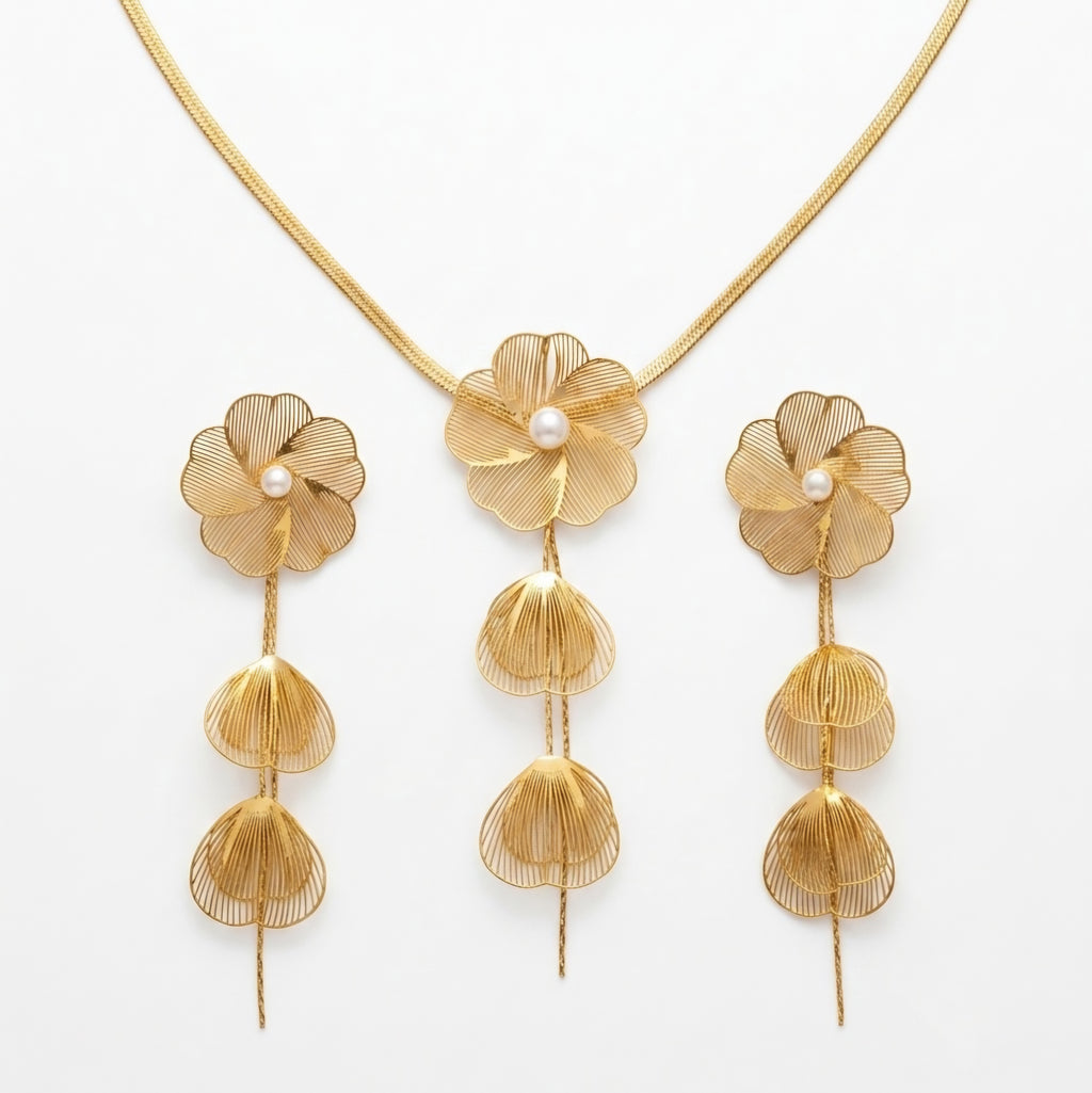 18K Gold Plated Empress Filigree Flower Anti-Tarnish Earring & Necklace Set