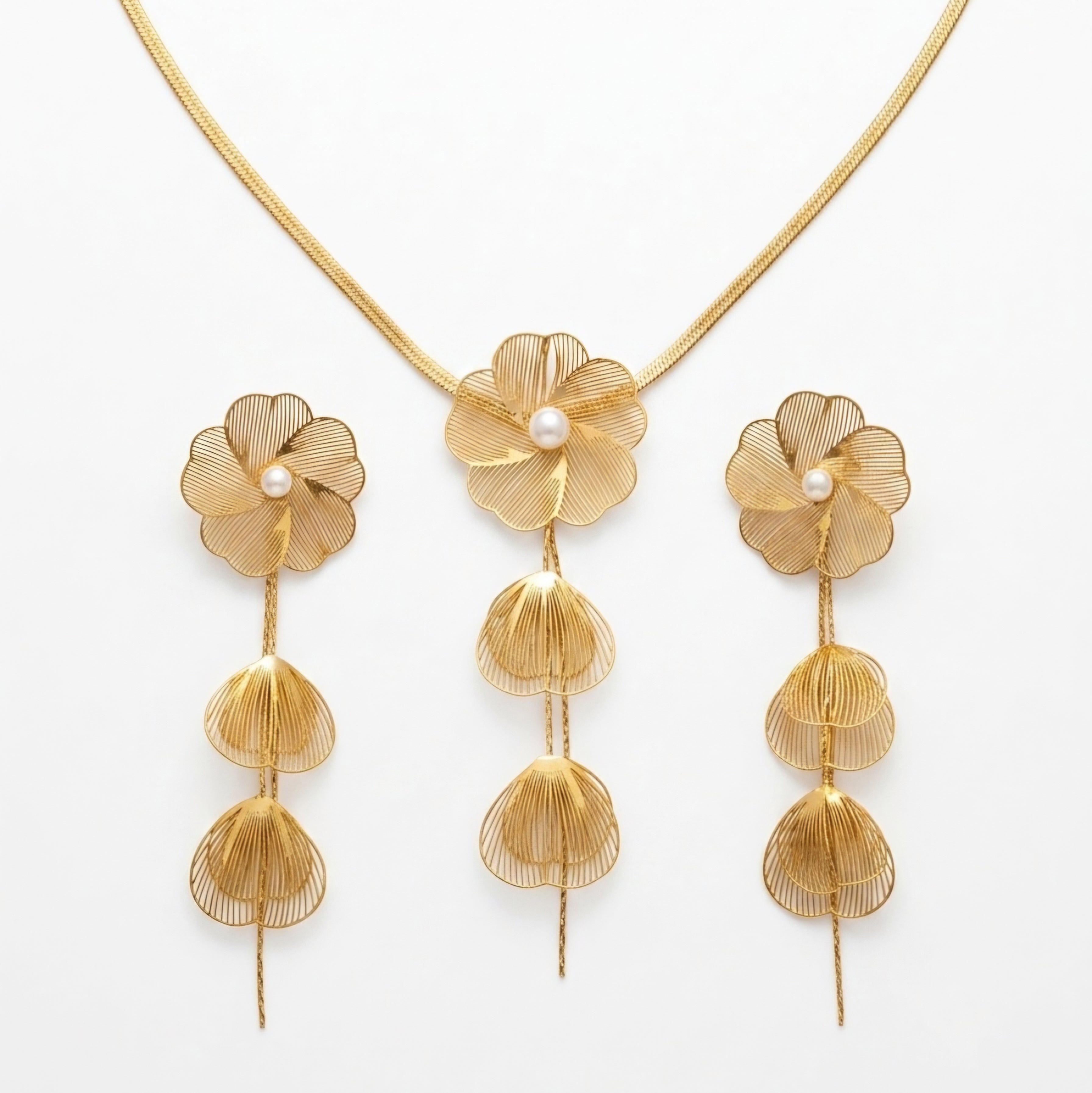 18K Gold Plated Empress Filigree Flower Anti-Tarnish Earring & Necklace Set