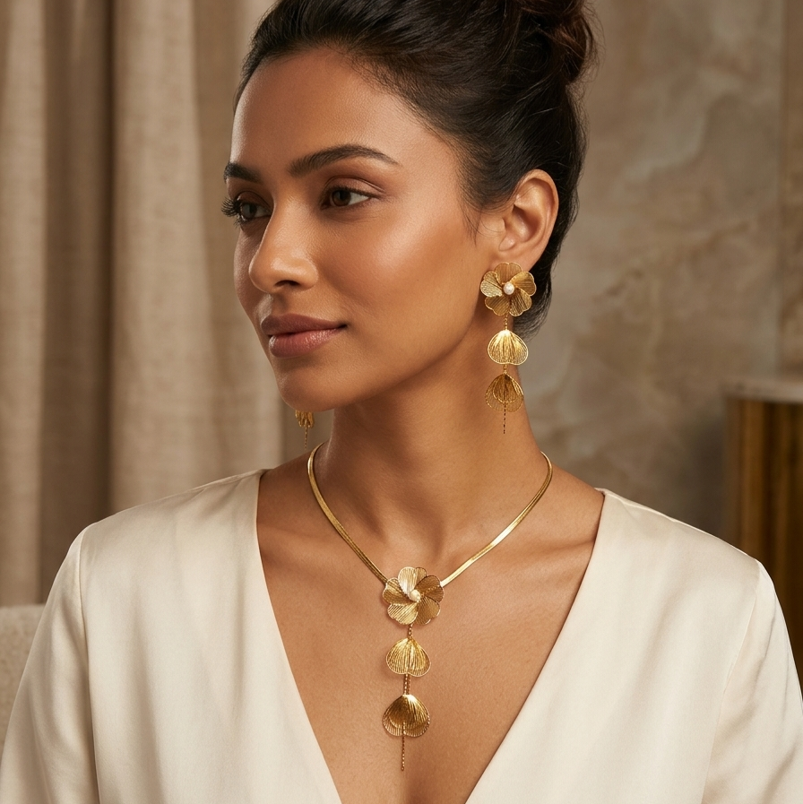 18K Gold Plated Empress Filigree Flower Anti-Tarnish Earring & Necklace Set