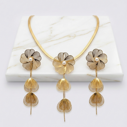 18K Gold Plated Empress Filigree Flower Anti-Tarnish Earring & Necklace Set