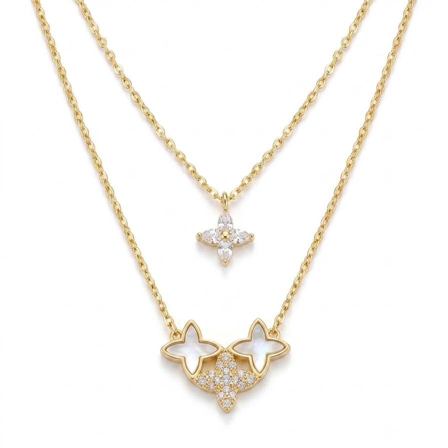 18K Gold Plated Monaco Diamond Studded Layered Clover Necklace