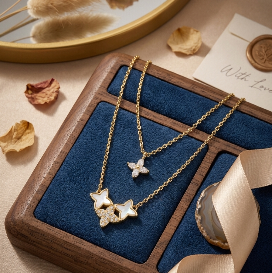 18K Gold Plated Monaco Diamond Studded Layered Clover Necklace