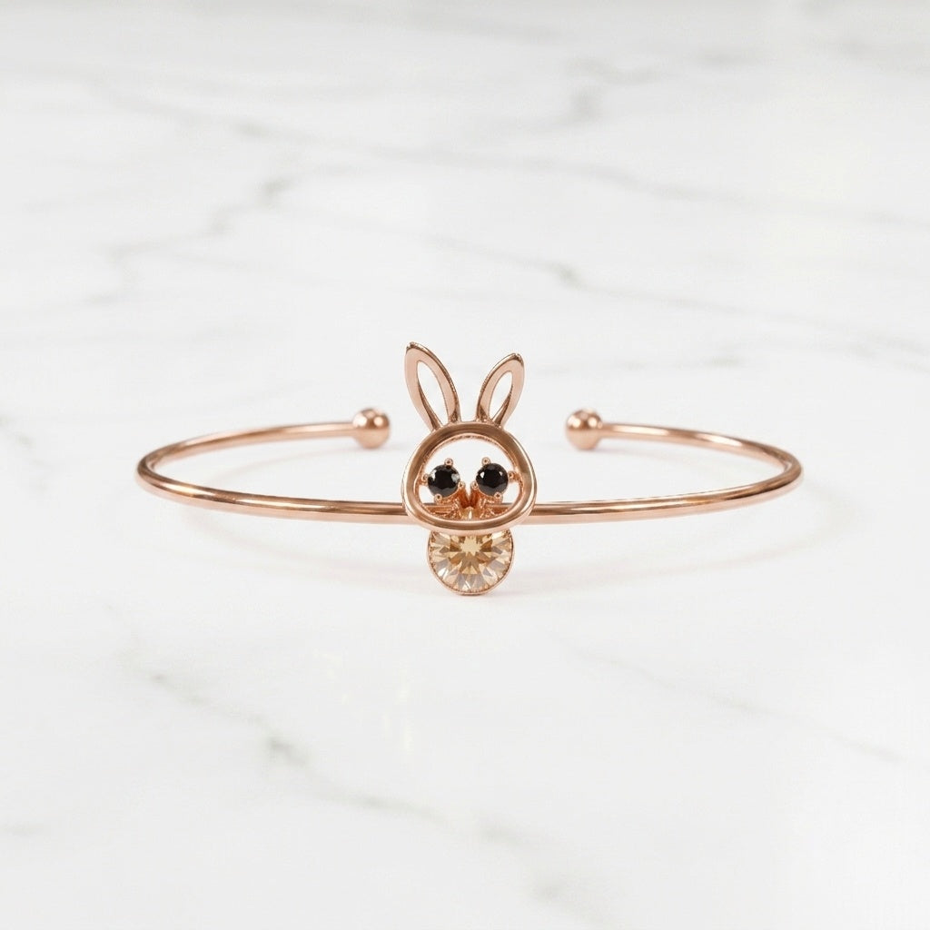 Rose Gold Anti-Tarnish Bunny Champagne Crystal Cuff Adjustable Bangle