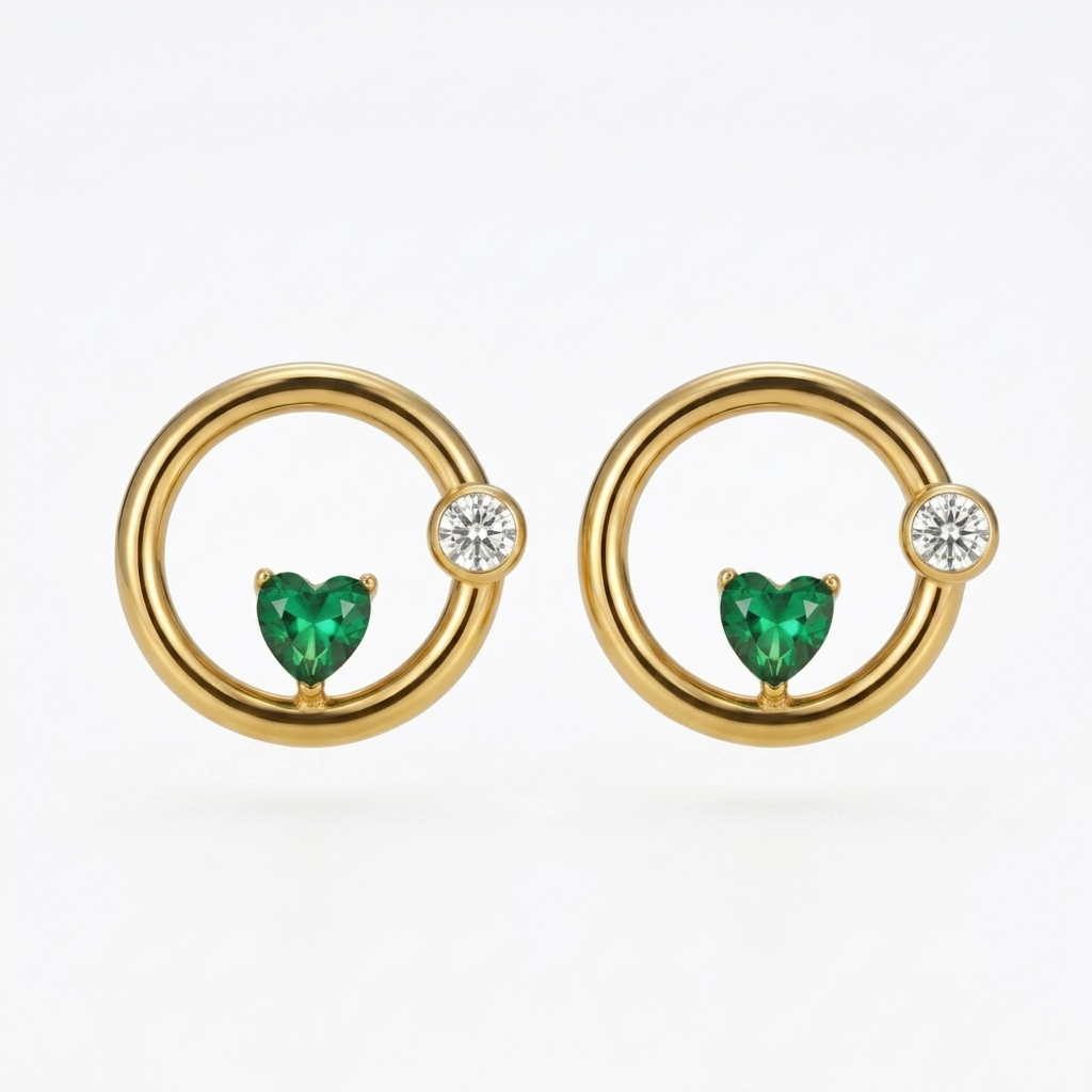 18Kt Gold Plated Open Circle Emerald Heart Studs
