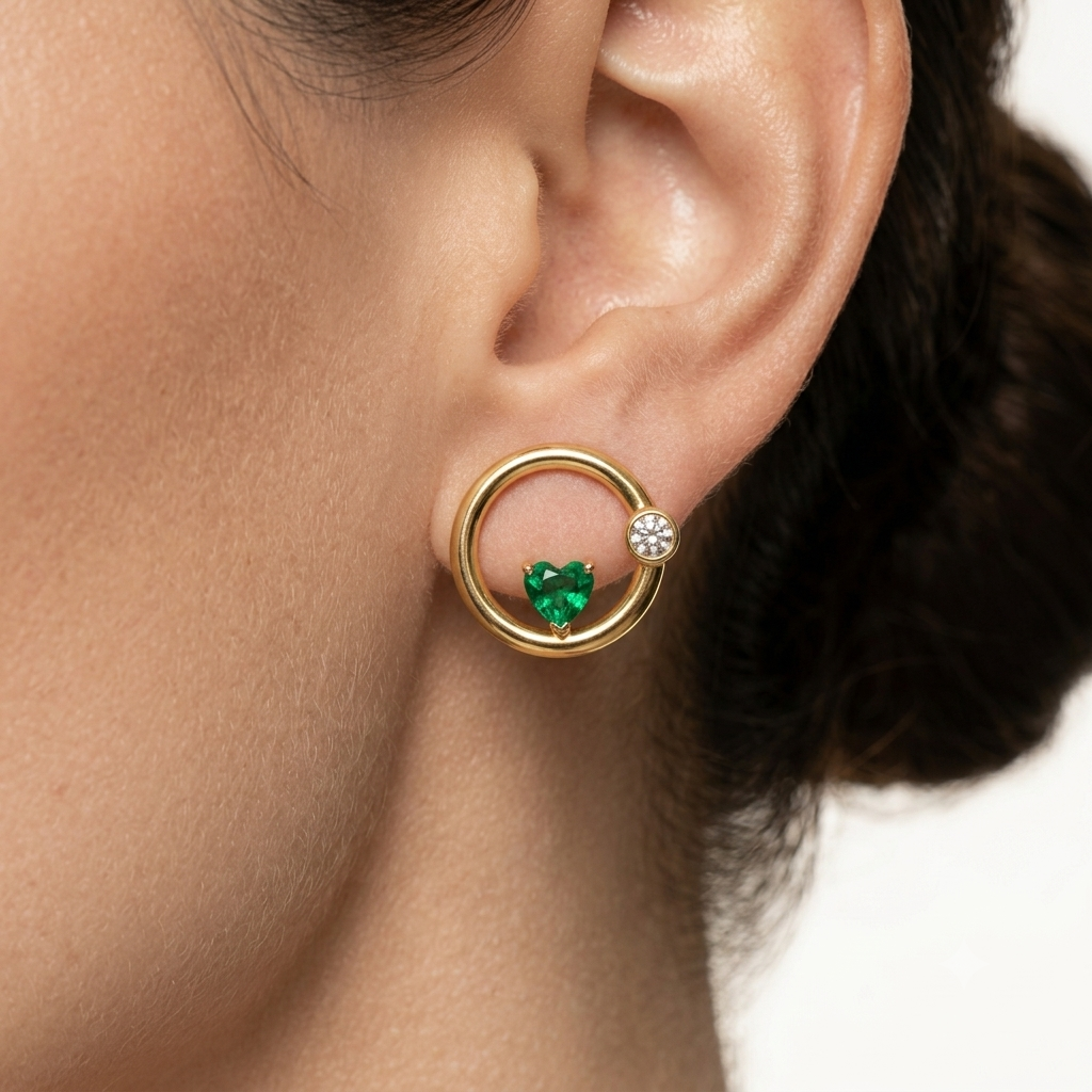 18Kt Gold Plated Open Circle Emerald Heart Studs