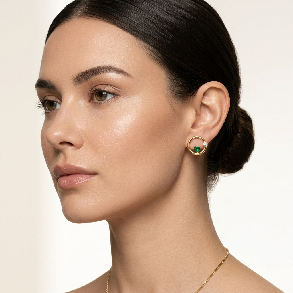 18Kt Gold Plated Open Circle Emerald Heart Studs