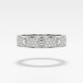 A silver-tone ring with pavé-set clear stones and three oval-cut center stones, shown floating on a light gray background with a soft shadow below.