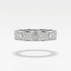 A silver-tone ring with pavé-set clear stones and three oval-cut center stones, shown floating on a light gray background with a soft shadow below.