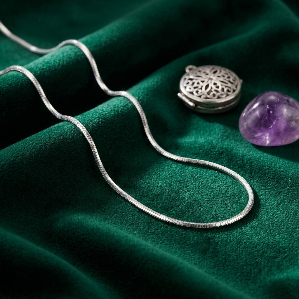 A silver snake chain necklace draped across a dark green velvet fabric, styled with a silver filigree locket and a purple amethyst crystal.